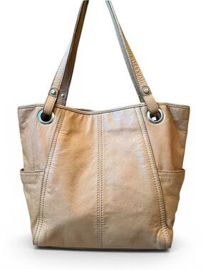 Fossil Vintage Pebbled Leather Grommet Tote Bag Light Tan
